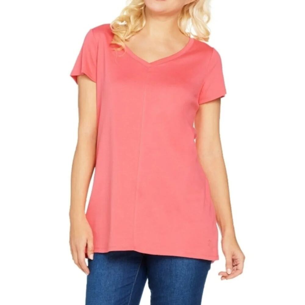 Isaac Mizrahi Pima Cotton V Neck Hi Low Top Pink Womens Size M